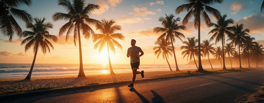 Athletic man runs along coastal road by sandy beach at golden sunrise. Young guy enjoys outdoor morning cardio exercise near tropical palm trees ocean shore. Healthy male athlete trains on seaside