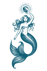Fototapeta premium Beautiful mermaid holding a pearl in her hands with vintage engraving style monochrome vector illustration featuring elegant mythical sea maiden, antique fantasy artwork and detailed line art