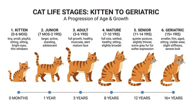 An infographic illustrating the six distinct life stages of a cat, from a tiny kitten to a geriatric senior, detailing age ranges and characteristics for each phase.
