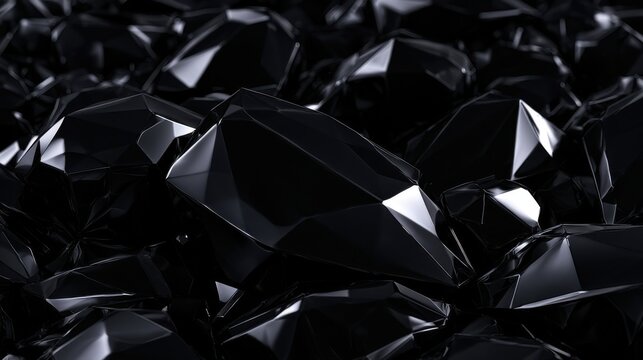 Abstract background featuring many polished black obsidian gemstones with sharp reflective facets. Represents luxury, wealth, and elegance in modern commercial design.