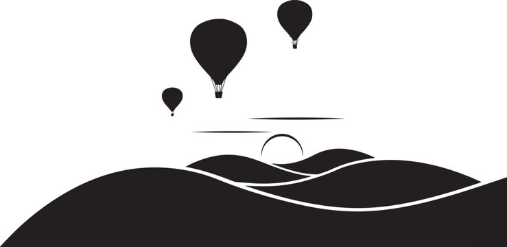 Silhouette of hot air balloons floating over rolling hills during a sunset landscape scene isolated on a white background