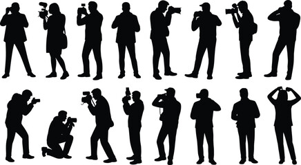 Photographer silhouettes vector set featuring cameramen shooting pictures with professional dslr cameras media paparazzi recording video © Olivia