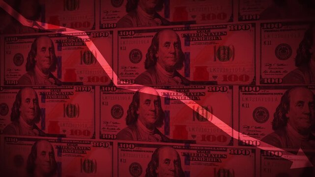 Red financial crisis background with hundred dollar bills and downward graph arrow indicating economic recession concept, 4k