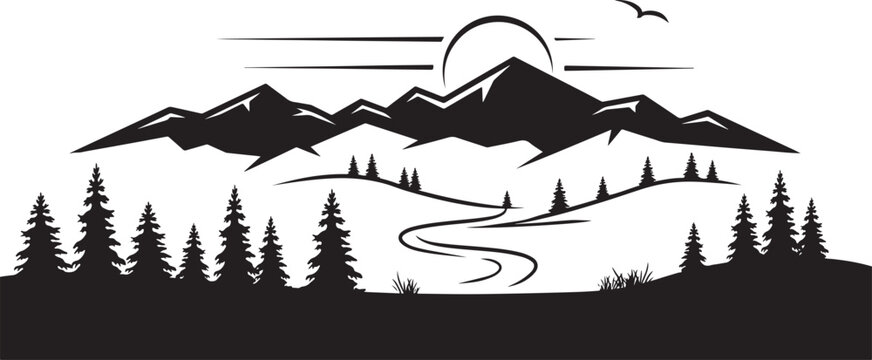 Black and white landscape featuring a mountain range under a sun with pine trees and a winding river in the foreground isolated