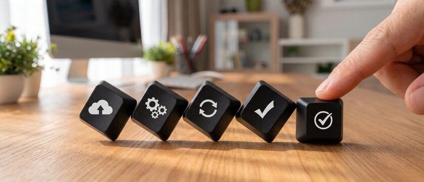 Hand pushing a black cube with a checkmark icon to complete a sequence of business process icons on a wooden desk