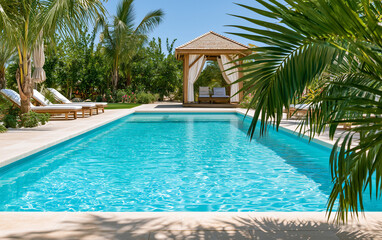 Fototapeta premium Tropical backyard area with blue swimming pool, palm tree leaves in foreground. Elegant patio furniture sits near wooden gazebo under sun.