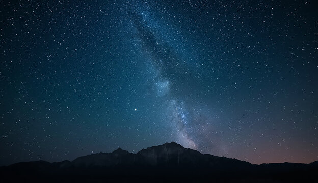 The Milky Way galaxy illuminated above rugged mountain peaks under a starry night sky.