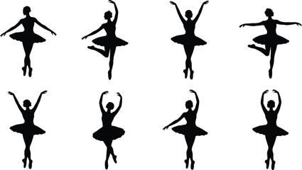 Ballet dancer silhouettes vector set featuring ballerina girls dancing performing classical dance poses wearing tutu dresses pointe shoes © Olivia