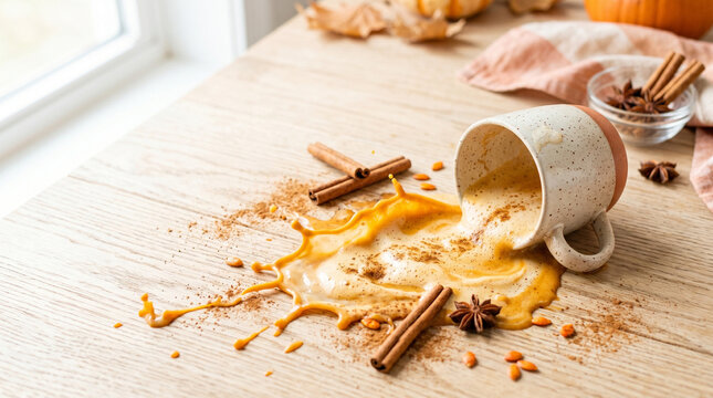 Spilled pumpkin spice latte with cinnamon on wooden table during autumn