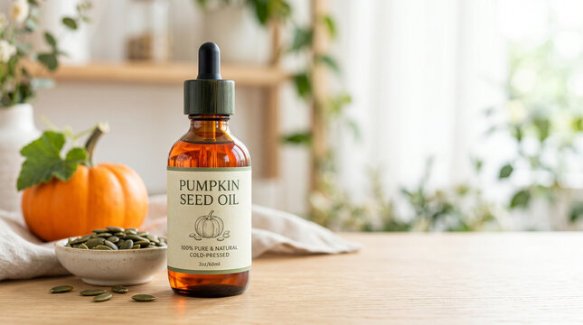 Dropper bottle of pumpkin seed oil with pumpkin and seeds in natural setting