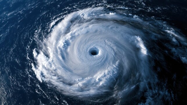 Satellite view of a massive hurricane spinning over the deep ocean. This powerful storm represents a climate change emergency and intense weather disaster.