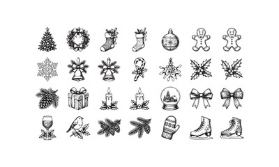 Obraz premium Christmas and winter holiday season icons vector set featuring festive elements like trees, wreaths, stockings, snow globes and more, isolated.