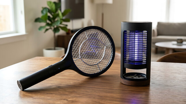 Electric mosquito zapper racket and light trap on wooden table at home