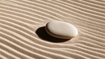 Obraz premium A single smooth river stone rests on raked beige sand with soft shadows. This image represents mindfulness, peace, and zen meditation concepts.