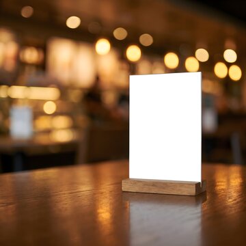 Blank white vertical menu card mockup standing on a wooden table in a blurred restaurant background