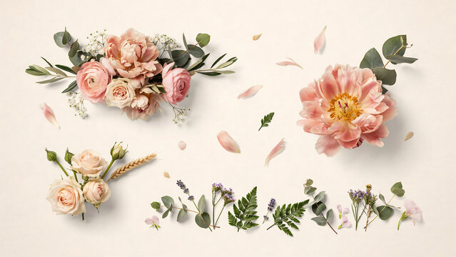 Pink peony flowers and green eucalyptus leaves arrangement isolated on a transparent background