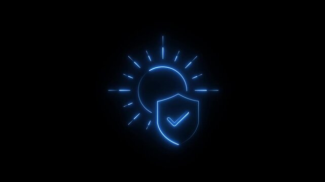 Blue Glowing Neon Sun Protection Shield Checkmark Icon Motion Graphics Loop Video. animation