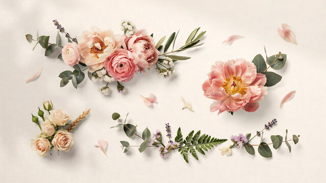 Pink peony flowers and eucalyptus leaves arrangement set isolated on a transparent background