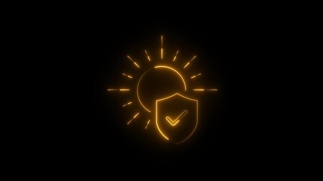 Orange Glowing Neon Sun Protection Shield Checkmark Icon Motion Graphics Loop Video. animation
