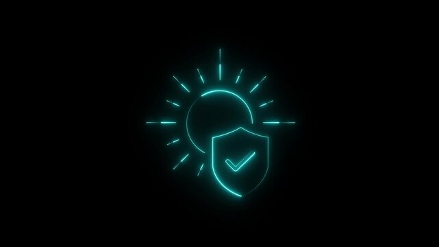 Cyan Glowing Neon Sun Protection Shield Checkmark Icon Motion Graphics Loop Video. animation