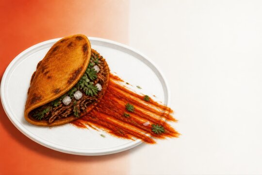 Birria taco on plate with cilantro and red sauce artful plating