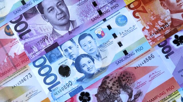 Philippines, Philippine peso banknotes and coins as a medium of trade and exchange. Philippine peso currency as a background for your design