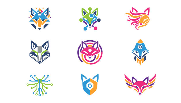 Set of nine diverse fox logos featuring various artistic styles such as geometric, circuit-like, and abstract colorful designs.