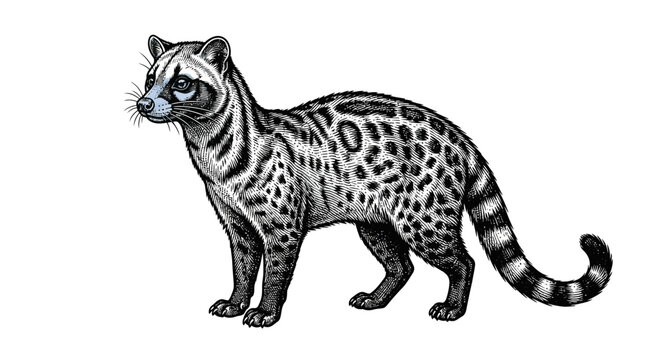 Detailed vintage civet cat sketch with spotted fur pattern.