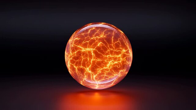 Suspended glass sphere slowly filling with glowing orange red fissures, isolated against dark gradient studio background, polished surface reflecting dramatic light and futuristic energy