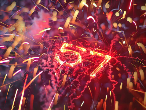 Close-up shot of a vibrant fireworks display, with the number 57 at center Red and orange bursts in circular pattern, dramatic lighting style, high-tech aesthetics, firework sticks, dy - AI-Generated