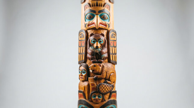 Wooden carved totem pole with intricate designs and colors
