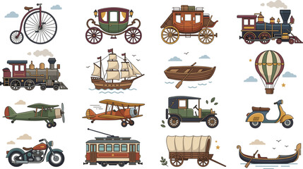 Vintage transportation flat icon set featuring bicycle, steam train, carriage, sailing ship, biplane, hot air balloon, tram and classic vehicles © HN