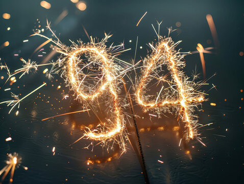 Close-up shot of 94 formed by sparklers, dynamic and celebratory atmosphere with light and shadow effects - AI-Generated