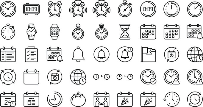 Time management and scheduling line icon set featuring clock, calendar, alarm, stopwatch, reminder, deadline, notification, and editable stroke vector collection