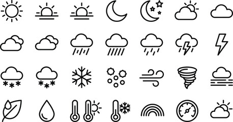 Obraz premium Weather and forecast line icon set featuring sun, moon, clouds, rain, snow, thunderstorm, tornado, temperature, and editable stroke vector collection