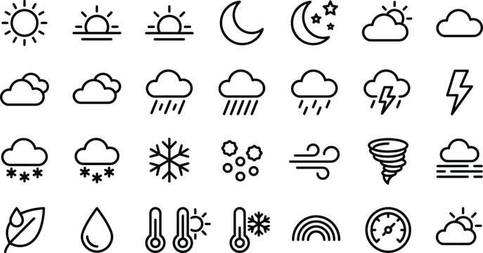 Weather and forecast line icon set featuring sun, moon, clouds, rain, snow, thunderstorm, tornado, temperature, and editable stroke vector collection
