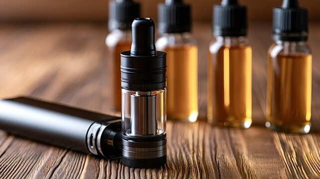 Vaping liquid bottles and electronic cigarette mods on wood