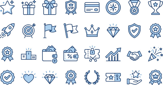 Achievement and rewards line icon set featuring trophy, medal, VIP badge, success, gift, premium, target, and editable stroke vector collection