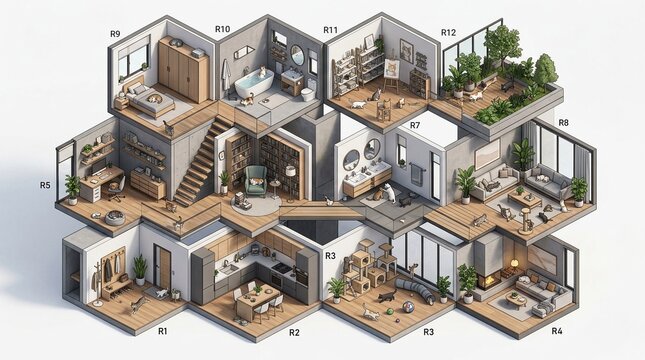 An intricate isometric illustration showcasing various rooms of a contemporary home, including living areas, bedrooms, bathrooms, and a kitchen, all furnished with modern decor.
