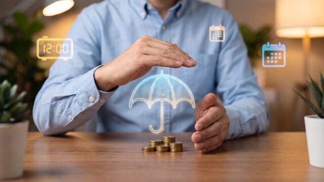 Man holding his hand over stacked coins with a holographic umbrella, clock, and calendar icons on a desk, representing financial protection, insurance planning, and savings security