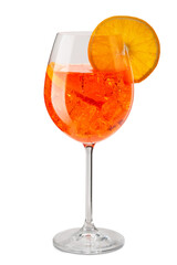 Obraz na płótnie Canvas Refreshing Aperol Spritz cocktail served in stemmed wine glass with plenty of ice cubes and orange slice garnish. Perfect for aperitivo concepts, and beverage marketing.