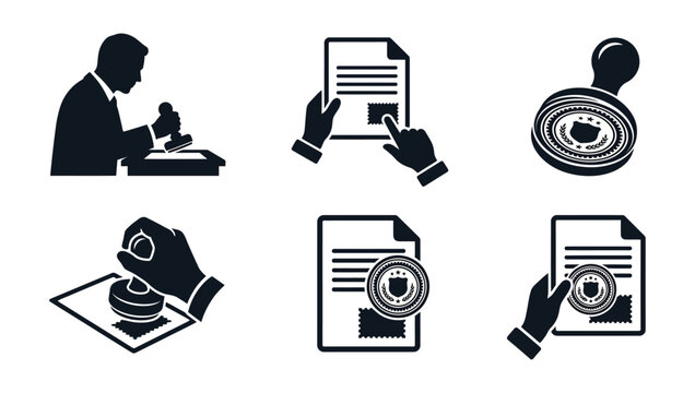 Set of notary and legal document stamping icons.