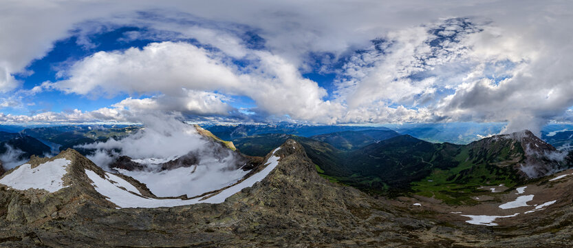 Panoramic Alpine Mountain View With Clouds Over Chilliwack, British Columbia, Canada