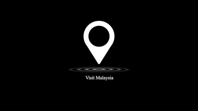 Minimalist visit malaysia map pin motion graphic animation with text on black background, looping location marker symbol for travel, tourism, destination, navigation, and holiday concept.