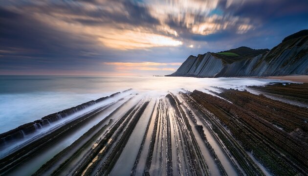 Zumaia Flysch At Itzurun Beach Basque Country Beautiful Seascape Long Exposure