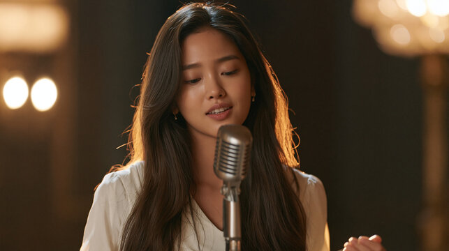 A Captivating Melody: A young woman with long, flowing hair sings passionately into a vintage microphone, bathed in the warm, intimate glow of stage lights.