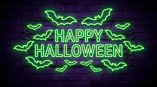 Halloween neon happy halloween sign with glowing green bats on a dark purple brick wall background