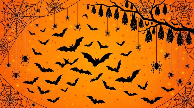 Halloween halloween background with flying bats, hanging spiders, and intricate spider webs on an orange gradient backdrop with subtle sparkles