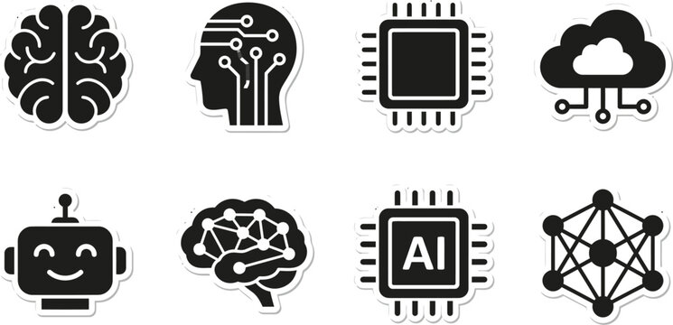 Set of artificial intelligence and technology icons featuring a black silhouette isolated on transparent background silhouette