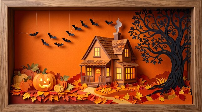 Halloween paper craft halloween shadow box with a cozy house, glowing jackolanterns, and a spooky tree with bats flying in the night sky